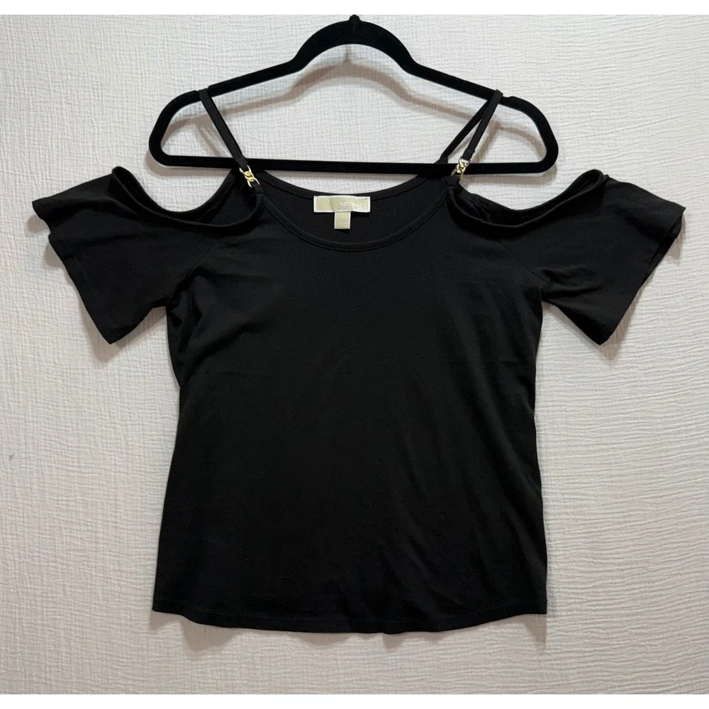 Michael Kors Cold Shoulder Top Womens Small Black Gold Chain Accent Short Sleeve